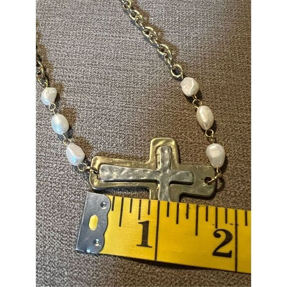 Gold Tone Cross Necklace with Simulated Pearl - Picture 6 of 7